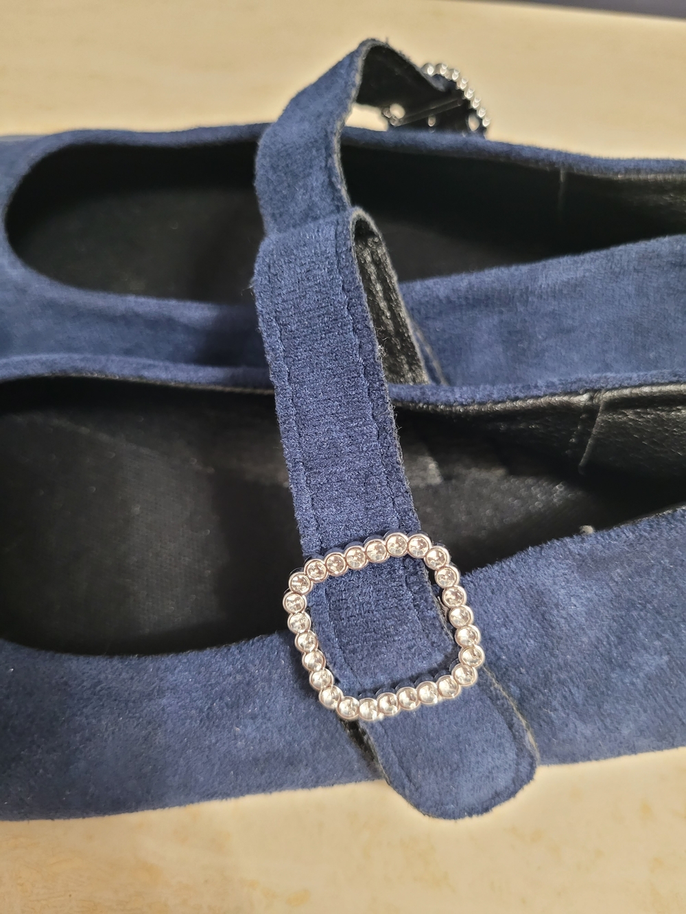 047 Chic Navy Faux-Suede Mary Jane Flats - Rhinestone Buckles, EU 37 / US 6.5-7 - Picture 6 of 12